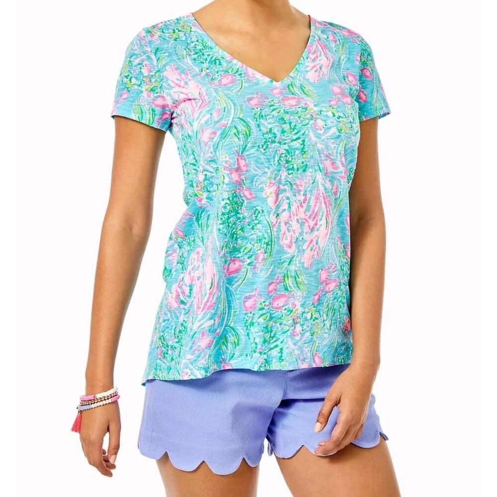 LILLY PULITZER ETTA V Neck Top Amalfi Blue Best Fishes Size XS